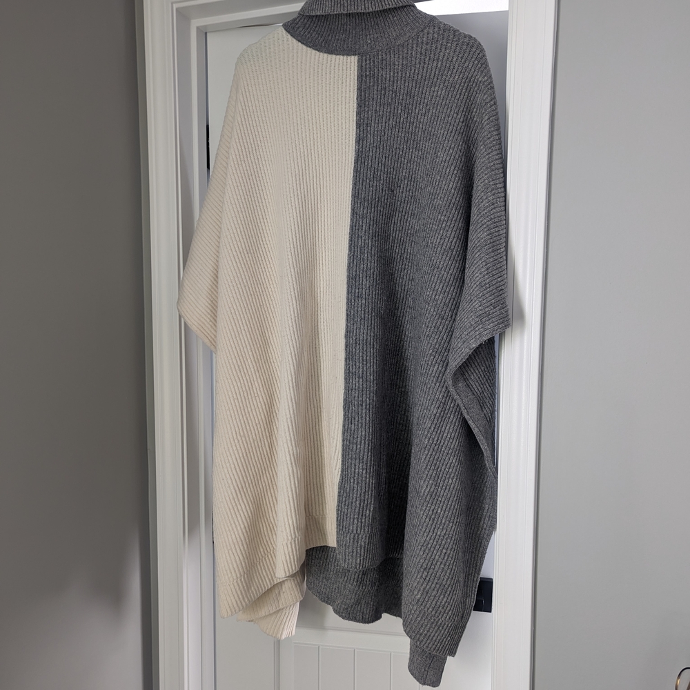 Women's Gray and Cream Wool Cowl Pancho